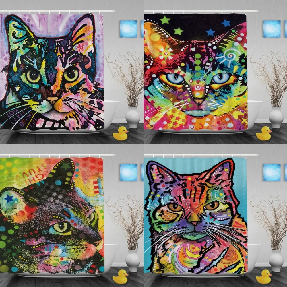 Cute Cat Shower Curtain Art Pet Dog Waterproof Bathroom Creative Polyester Colorful Animal Decoration With Hook | Дом и сад