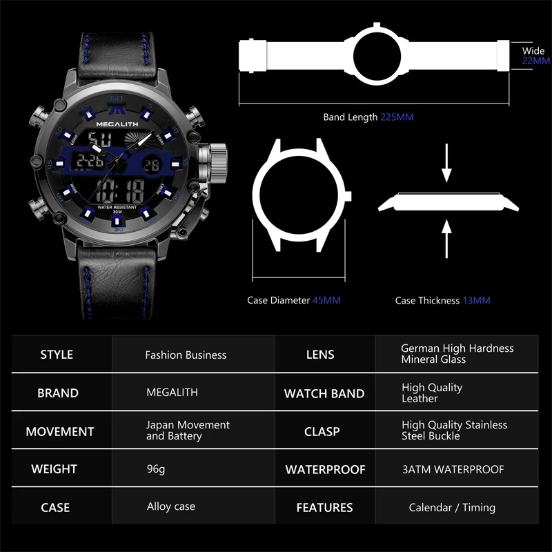 Часы наручные MEGALITH Мужские кварцевые модные спортивные светодиодные аналоговые