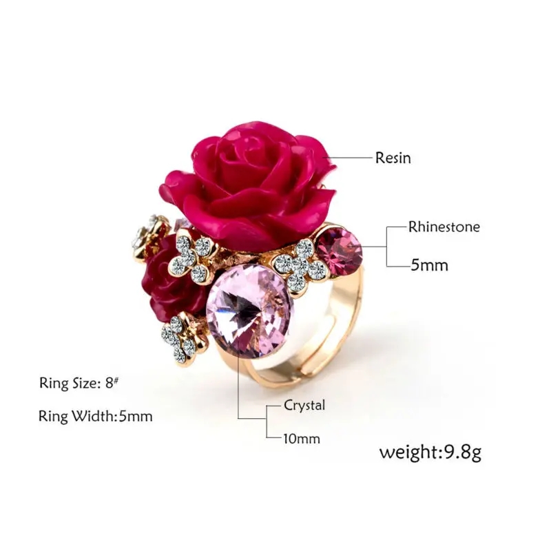 Кольцо женское регулируемое с большим кристаллом и розовым цветком|ring gold|gold colorbig