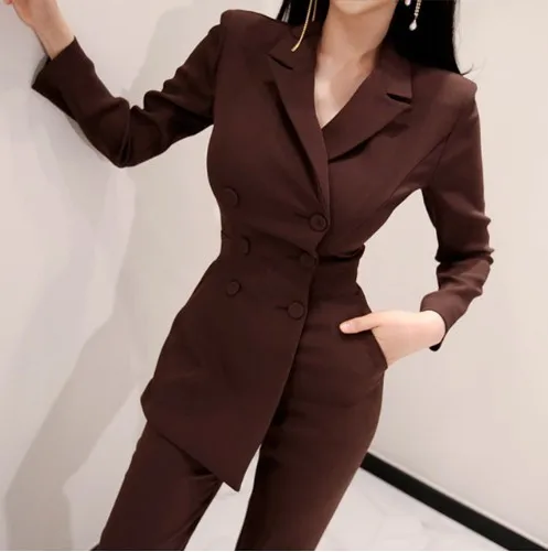 Picture color Новая мода офисный Ol двубортный женский комбинезон весна длинный рукав неровная рабочая одежда Зубчатый воротник Комбинезон Комбинезоны - Цвет: Picture color