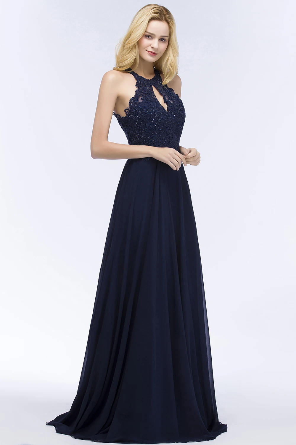Vestido de Festa темно синее кружево бисера длинное вечернее платье пикантное Холтер
