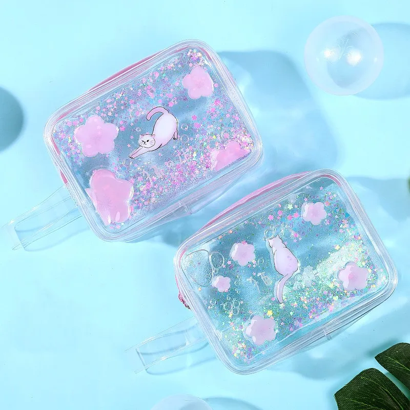 Женские дорожные косметички из ПВХ для девочек Kawaii Cat прозрачные блестки вишневые косметички для макияжа ящик-органайзер для хранения
