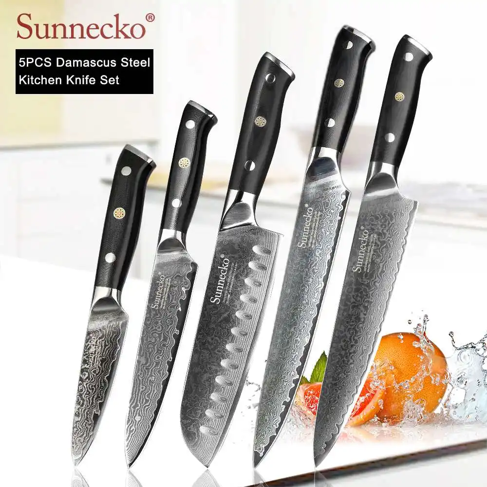 5pcs Set A SUNNECKO дамасский нож шеф-повара Santoku для нарезки овощей нож для стейка нож для хлеба Дамасская сталь набор кухонных ножей G10 Ручка - Цвет: 5pcs Set A