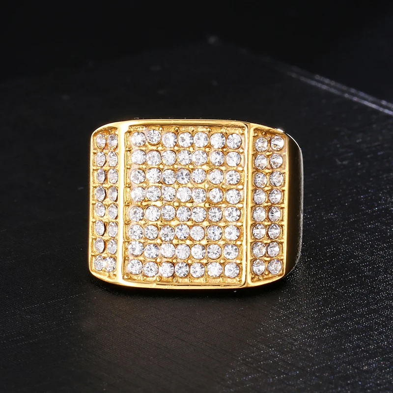 Кольцо с микро стразами в стиле хип хоп Золотое кольцо из нержавеющей стали со