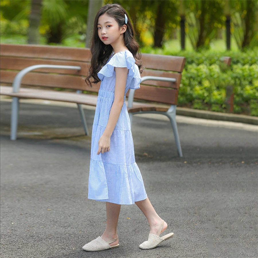 New Fashion 2019 elegant princess dress 2 ways wear wedding blue stripe off shoulder toddler girl dresses 6-15T | Детская одежда и