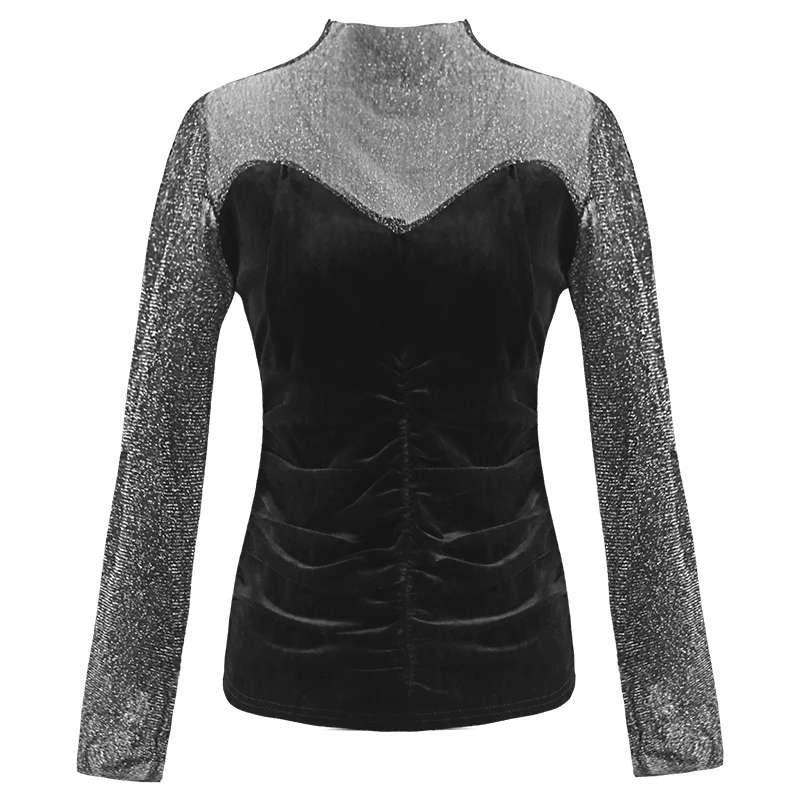 

PERHAPS U Women Velour Velvet Mesh Gauze Drawstring Full Length Sleeve Solid Stand Neck High Street Sexy Top Blouse Black B0192