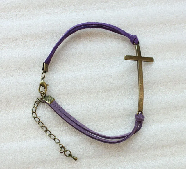 

24PCS Retro Style Antiqued Bronze Cross Link Violet Velvet Bracelets #23500