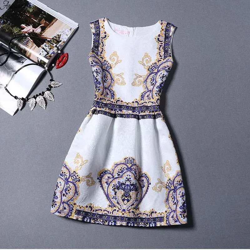 Новинка 2017 женское модное платье Ретро стиль круглый вырез принт без рукавов