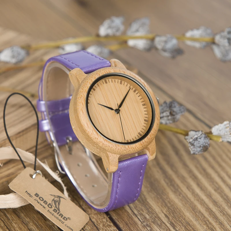 BOBO BIRD WJ07 бамбуковые часы простые из натуральной фиолетовой искусственной кожи