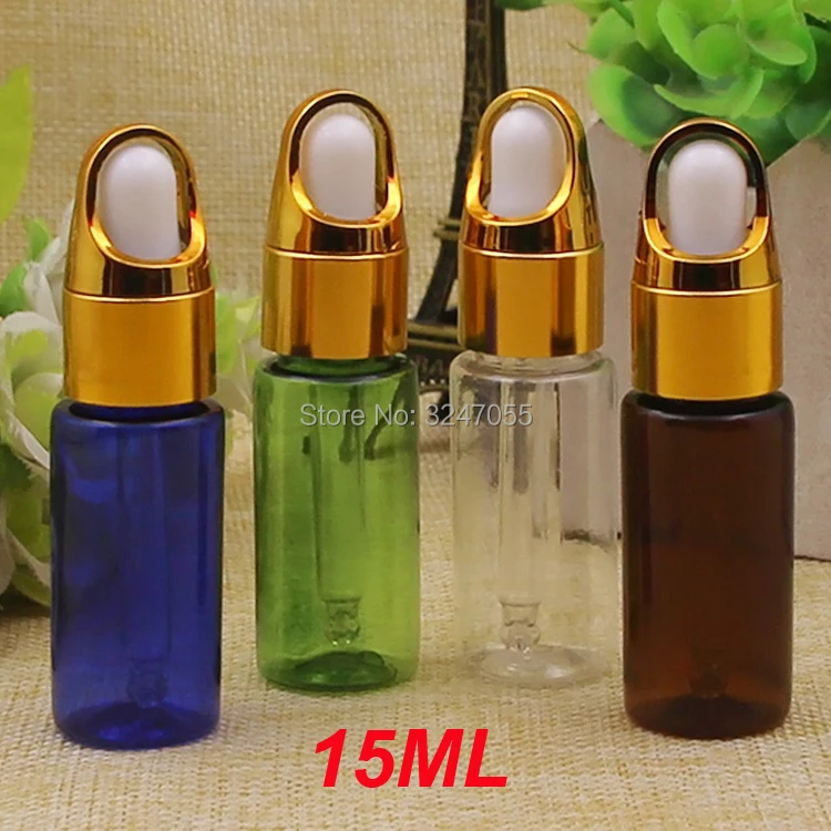 

15ML 50pcs 100pcs Empty Plastic Cosmetic Essential Oil Bottle, Green Essence Container with Basket Cap, Glass Pipetts Bottles