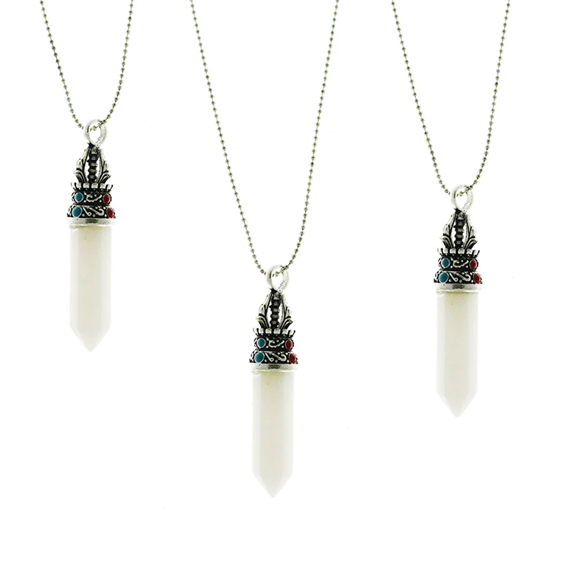 

One Pieces Bohemian Ethnic Vintage Hexagon Bullet Shape Natural Stone Crystal Pendants With Beads Chain