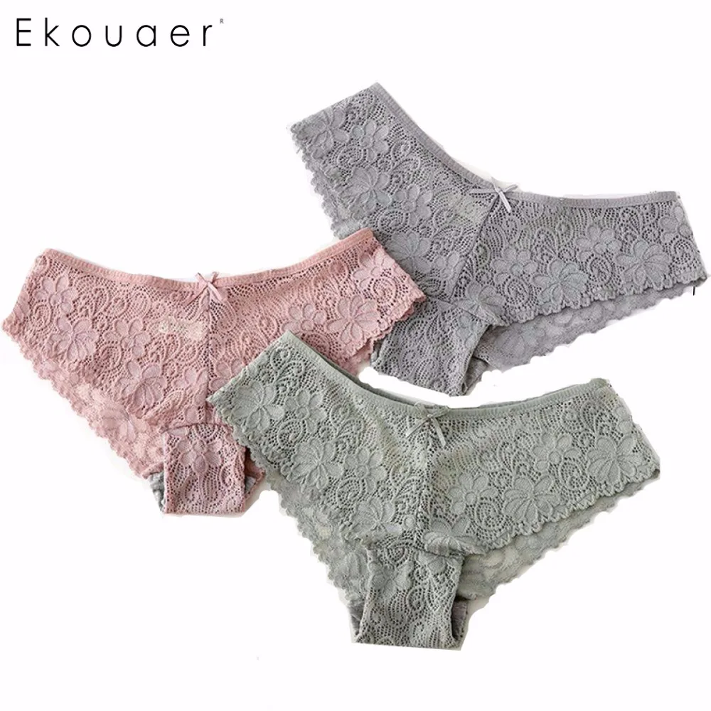 Ekouaer 3pcs/Lot Sexy Lace Panties Seamless Women Underwear Briefs Ladies Bikini Cotton Transparent Lingerie Female Underpants |