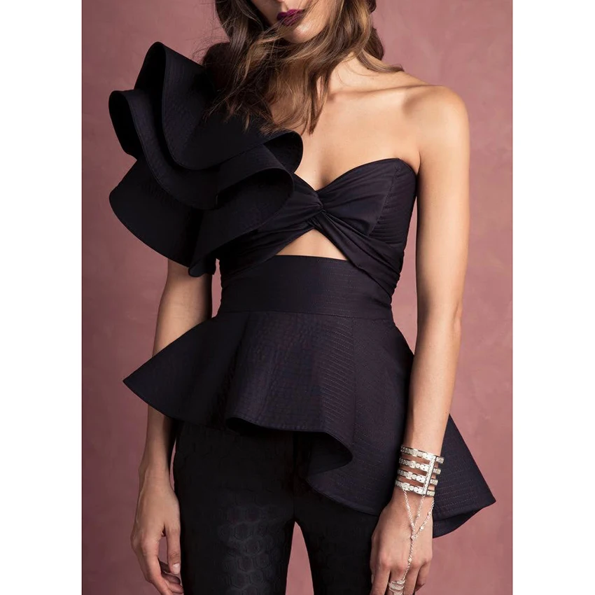 Женский дизайнерский топ на одно плечо ассиметричный с рюшами новинка 2020 |