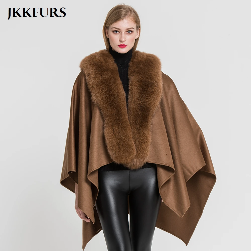 JKKFURS 2021 New Women's Poncho Genuine Fox Fur Collar Trim & Wool Cape Fashion Style Top Quality Winter Warm Coat S7357