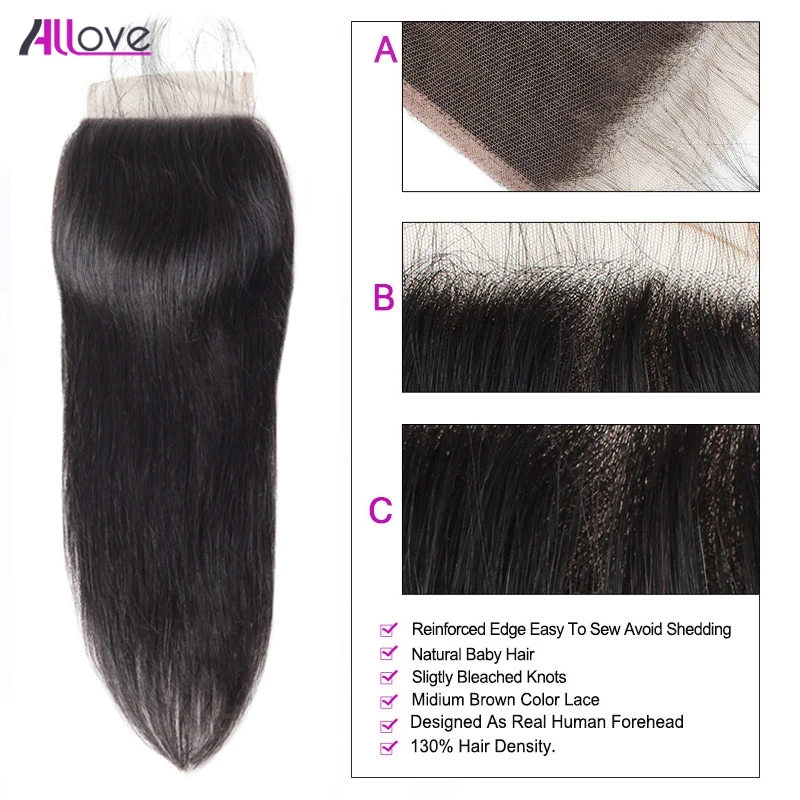 Allove волосы перуанские прямые волосы Закрытие Remy человеческие волосы 4*4 средняя часть кружева Закрытие 8-20 дюймов только 1 шт натуральный цвет