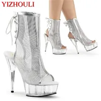 Net cloth upper star sexy low boots, 15 cm high heels, fashion stage show boots