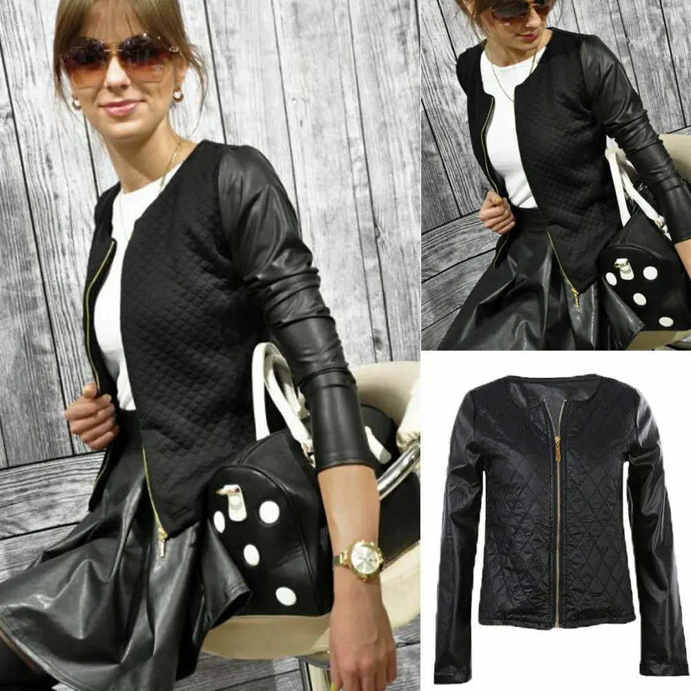

New Spring and Autumn Women Quilted O-neck Long Sleeve PU Leather Jacket Coat Outwear Short Jackets Slim Fashion Lady Coats