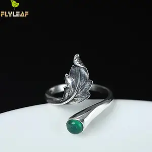 Женское винтажное Открытое кольцо из стерлингового серебра 925 пробы с натуральными нефритовыми перьями и листьями ювелирные изделия в китайском стиле