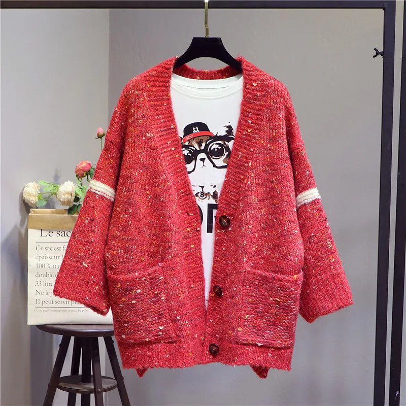 2018 New Autumn Winter Women's Thickened Sweater Female V Collar Long Sleeve Knitted Cardigan Jacket Loose Coat Knitwear |