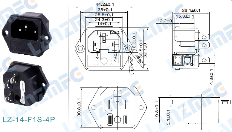 LZ 14 F1S 4P AC Розетка типа C14 с предохранителем полый медный винтом|Аксессуары для
