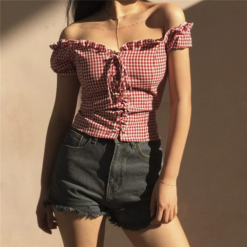 Женская хлопковая рубашка с V-образным вырезом и рукавами-фонариками