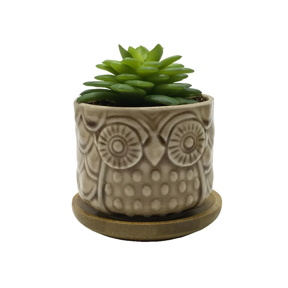 6 PCS Set Cute Cartoon Animal Owl Shaped Ceramic Succulent Cactus Flower Plant Pots with Bamboo Tray for Home Garden Decoration | Дом и сад