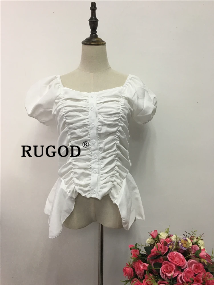 RUGOD Корейская женская блузка с открытыми плечами элегантные плиссированные женские рубашки с пышными рукавами Модные Нерегулярные белые топы и блузки