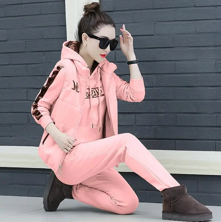 pink Rlyaeiz женский спортивный костюм зима вышивка полосатые толстовки+ брюки+ жилет комплект из 3 предметов женский теплый спортивный костюм - Цвет: pink
