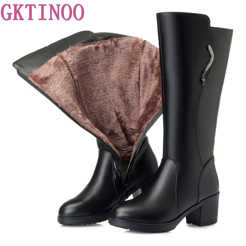 

Женские сапоги с мехом внутри GKTINOO, зимние теплые сапоги из натуральной кожи на высоком каблуке, Нескользящие сапоги до колена