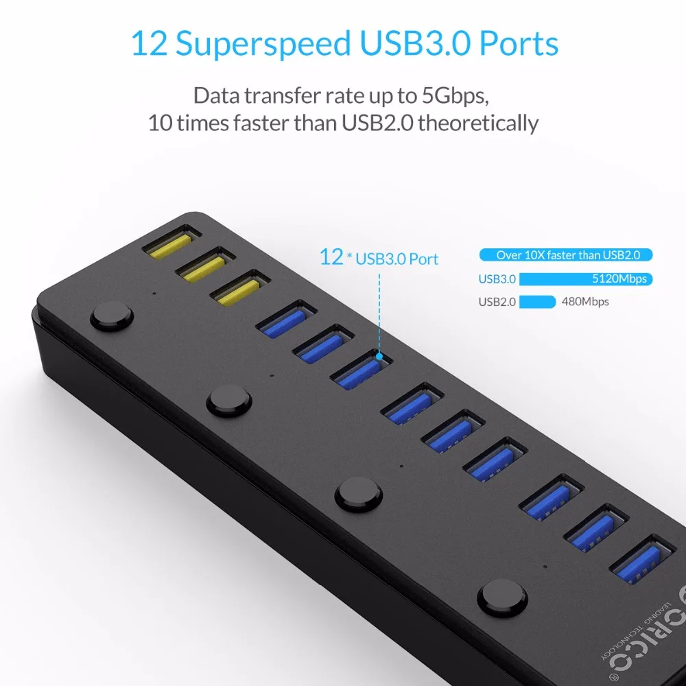 USB 3 0 концентратор ORICO с адаптером питания 12 В 5 А 60 Вт портов s портами BC1.2 зарядный