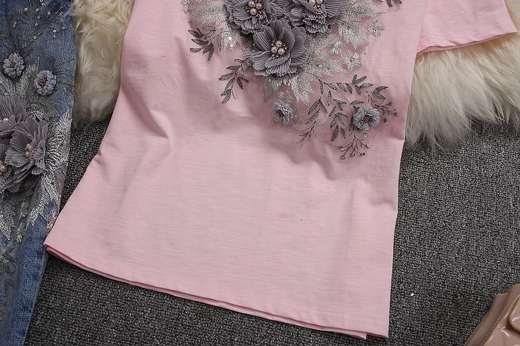 ALPHALMODA летние женские стильные футболки с коротким рукавом, джинсовые тяжелые хлопковые футболки с 3D цветочным принтом и рваные брюки
