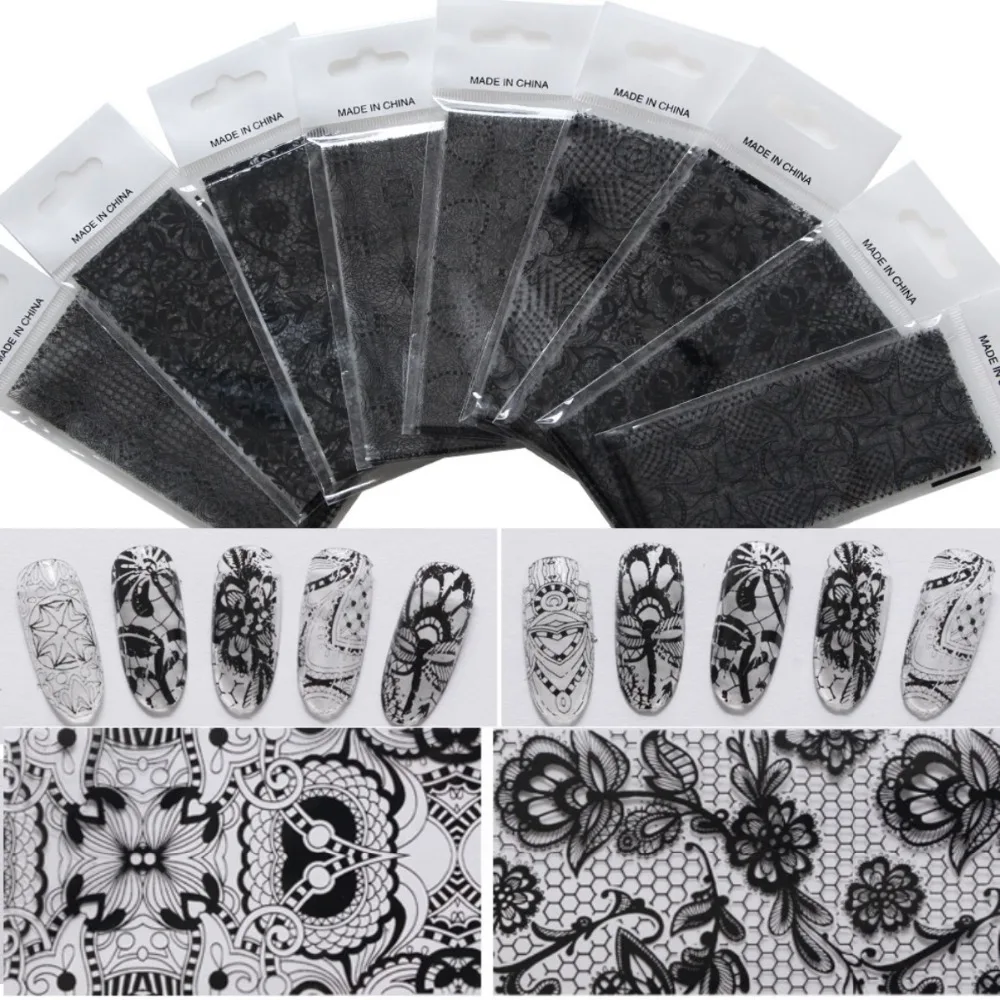9 шт./лот переводная Фольга для ногтевого дизайна белые черные кружевные наклейки