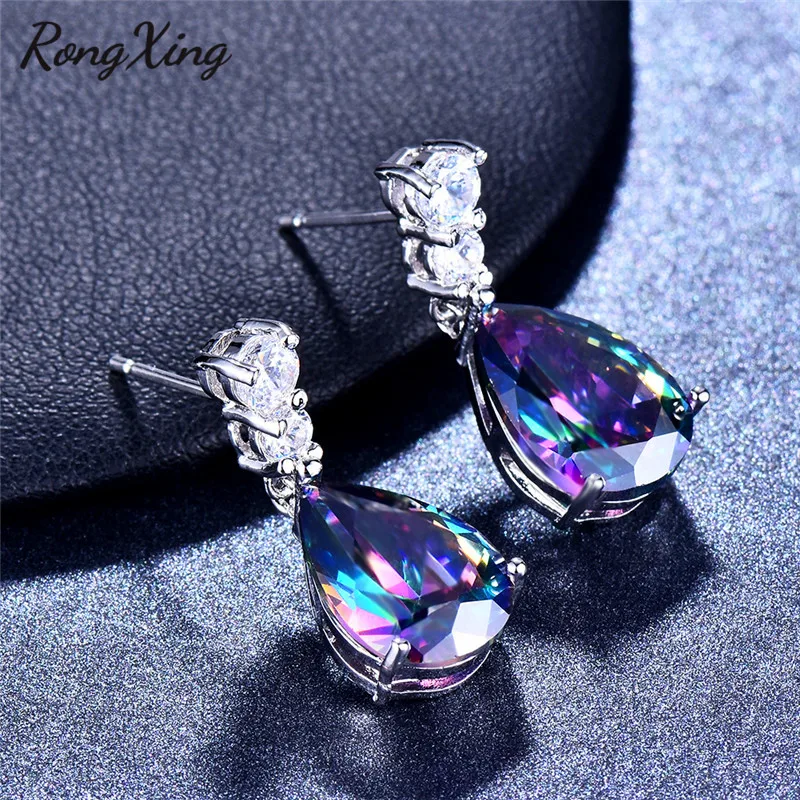 Женские серьги капли RongXing серебристые многоцветные циркониевые подвески с