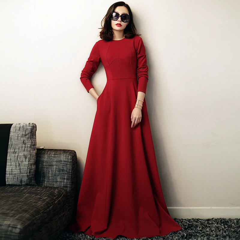 

European womens customize Plus Size high-end dress Ladies retro X- long pure color slim splice floor length dresses