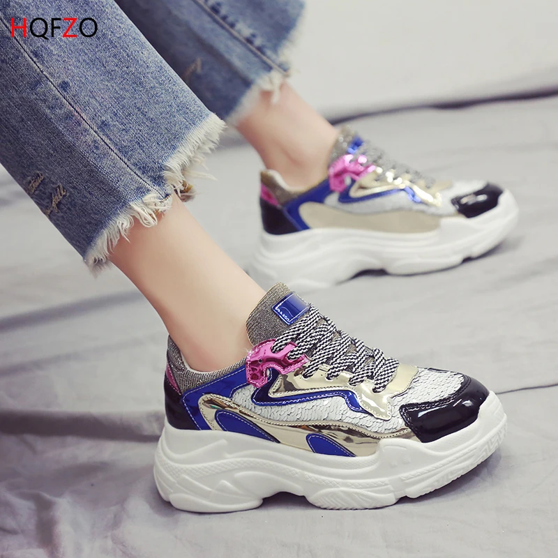 HQFZO 2019 Fashion Pantshoes Bling Platform Vulcanize Sneakers Spring Wedge Lace-Up Women Shoes Breathable Casual Female | Обувь