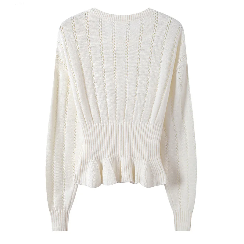 GRUIICEEN new hollow out white runway sweater jumpers ladies round neck slim waist ruffle knit pullovers GY201886 | Женская одежда