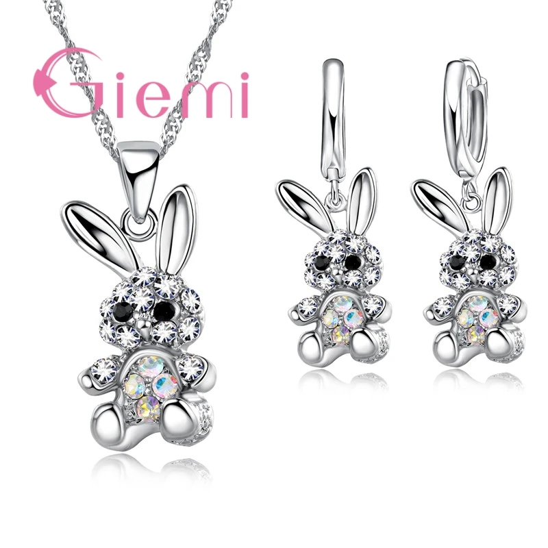 

Cute 925 Sterling Silver Necklace Earrings Jewelry Set With Shiny CZ Crystal Rabbit Pendants for Women Girls Gifts