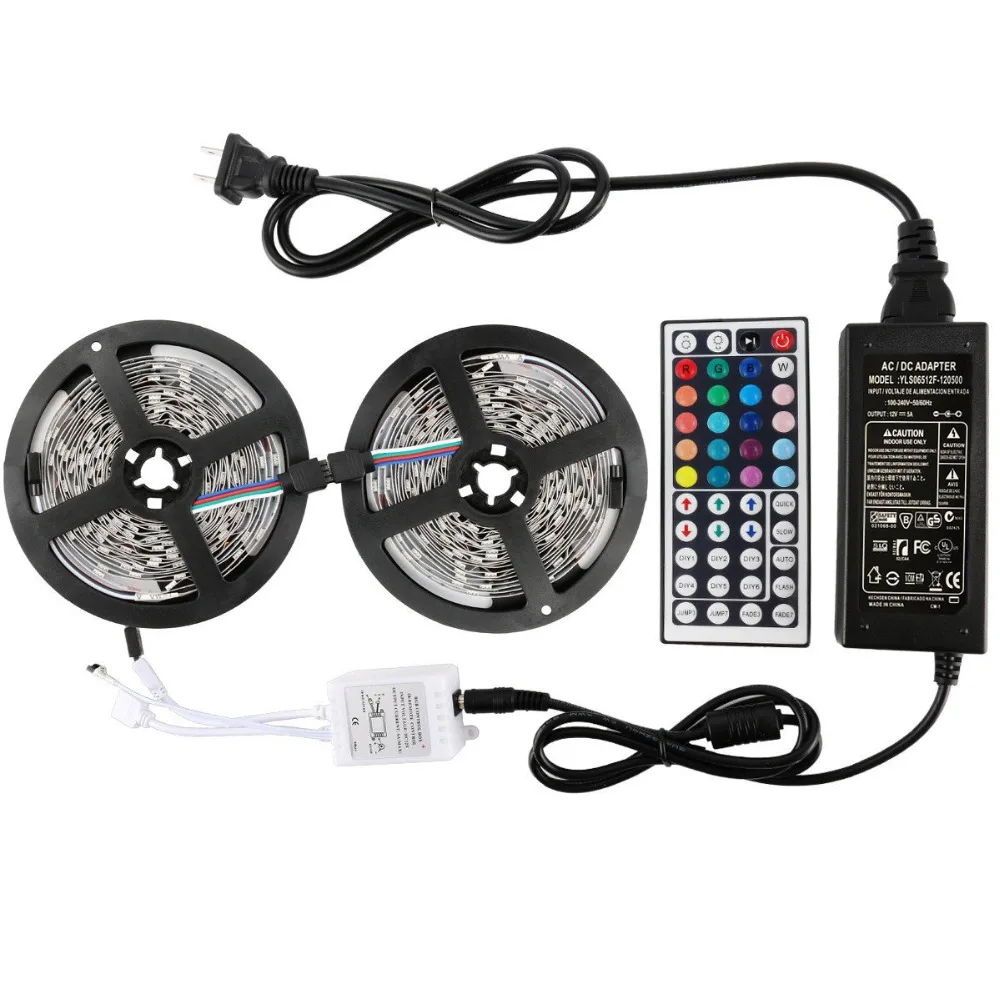 Led Light Strip DC12V SMD 5050 32.8 Ft (10M) 300leds RGB 60leds/m IP30 with 44 key IR 12V 5A Controller Power Supply Kitchen | Лампы и