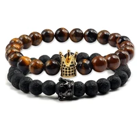 2pcsset trendy lava stone bracelets pave cz imperial crown charm tiger eye women men beads bracelet for couple distance jewelry