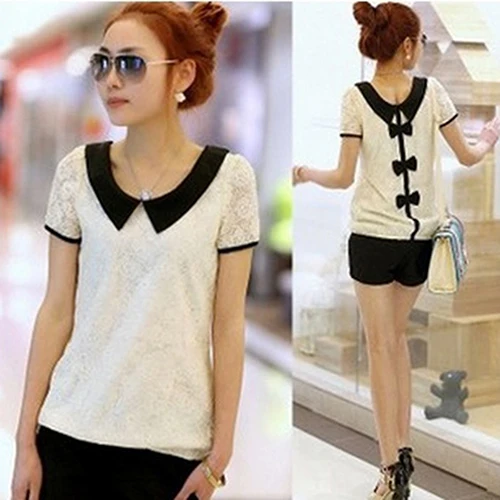 Женщины Летняя Мода Сладкий Бантом Кукла Воротник Кружева С Коротким Рукавом