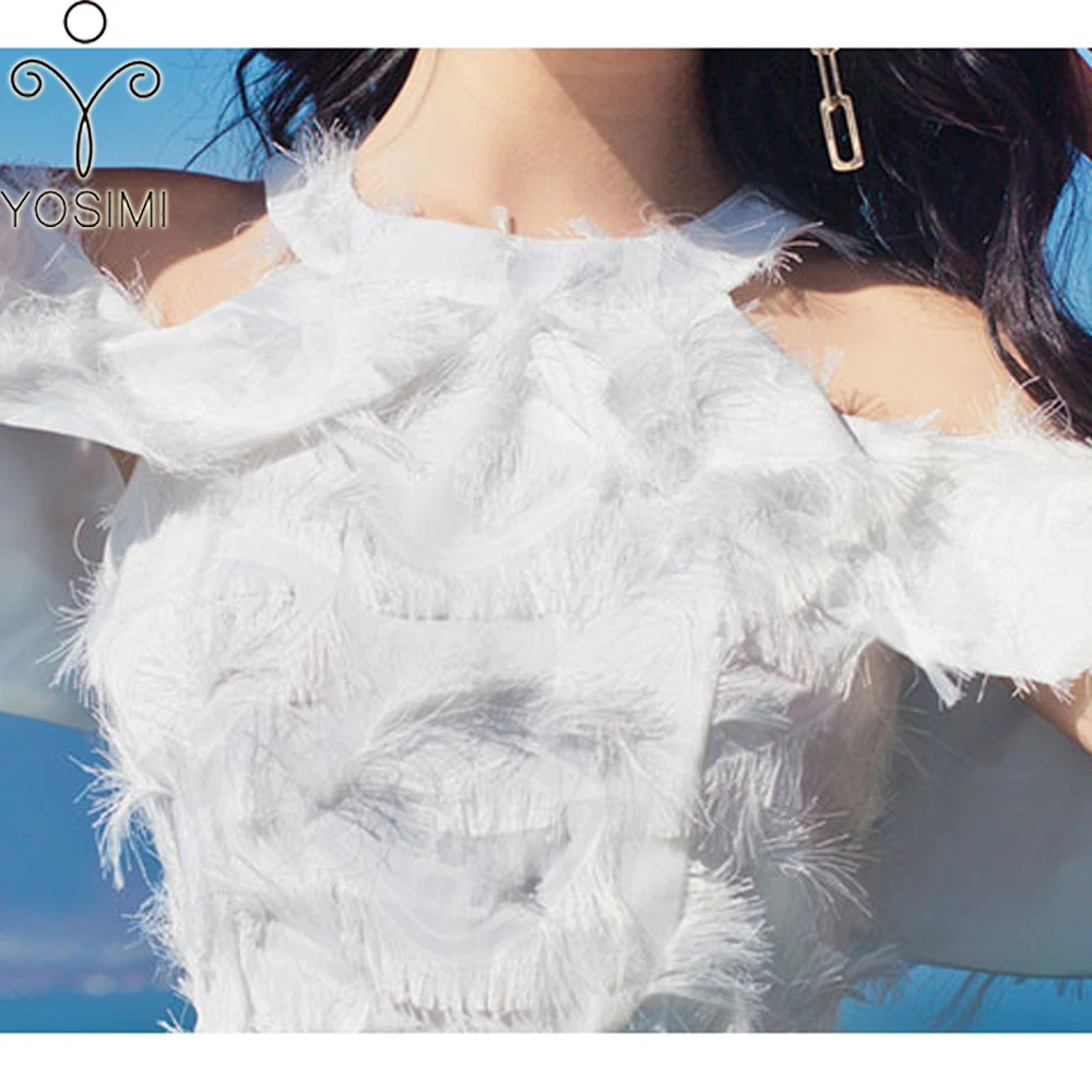 YOSIMI 2018 Summer Long Women Dress Maxi Elegant White Voile Feather 3D-Embroidery Short Sleeve Evening Party Fairy Halter | Женская