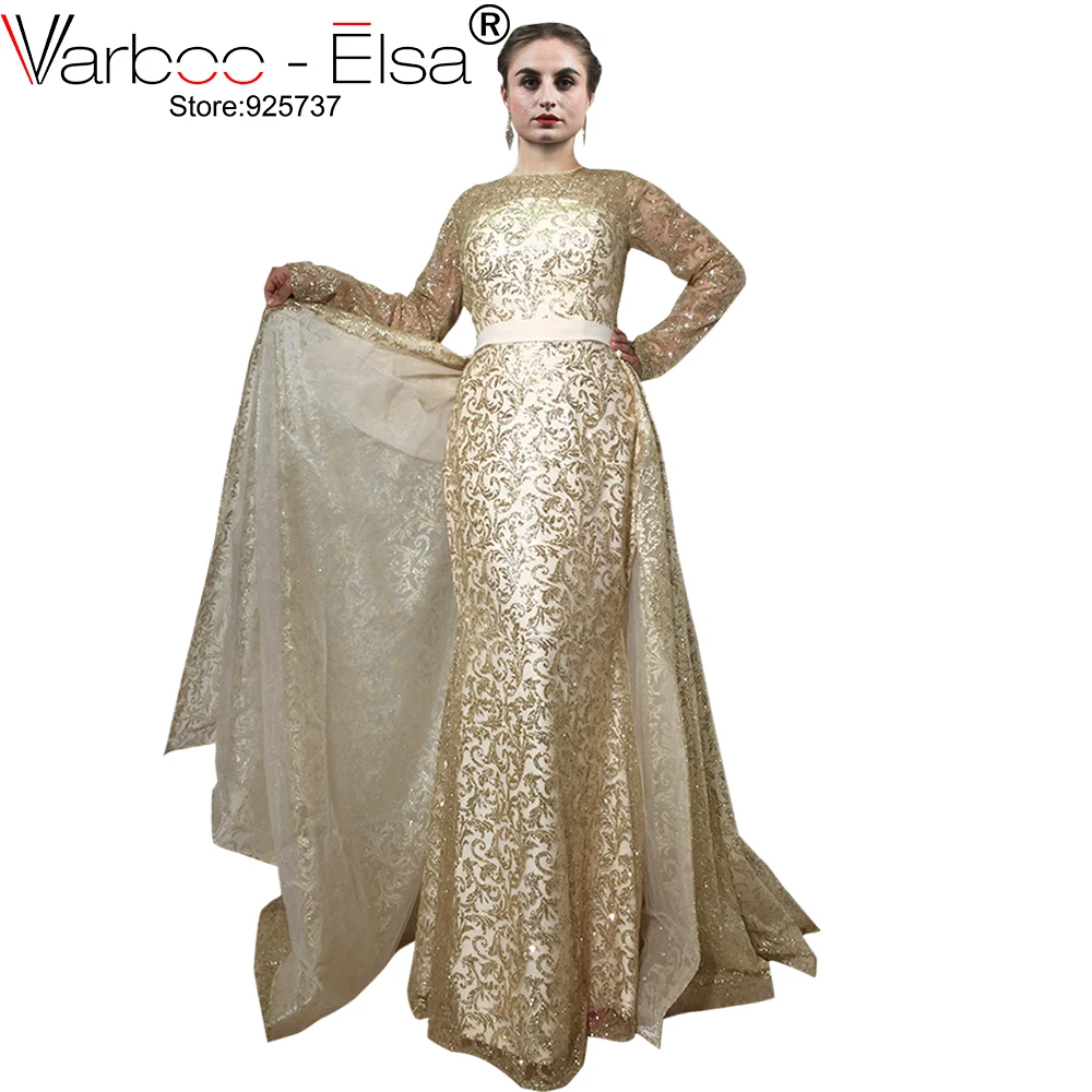 VARBOO_ELSA/ Новое поступление, блестящее вечернее платье с блестками, длинный съемный шлейф, Длинное нарядное платье с рукавом, мусульманское платье для выпускного вечера в арабском стиле