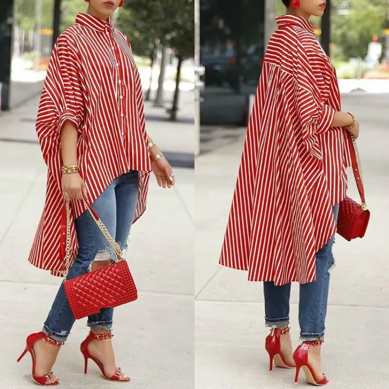 Twojstyle 2018 Autumn New Women's Batwing Sleeve Shirt Fashion Large Size Turn-down Collar Striped Red Loose Leisure S-L |