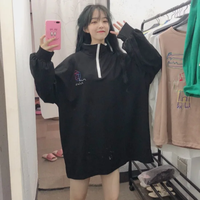 Autumn Women's Clothing Korea Sweet harajuku Embroidery loose Hoodies Zipper Turtleneck long sleeve New ulzzang Sweatshirts | Женская