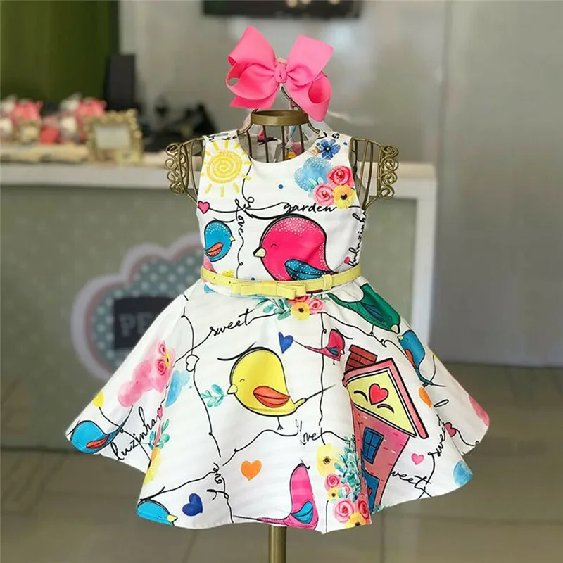 Kids Baby Girls Bird Dress Formal Sleeveless O-Neck Party Pageant Princess High Waist Sundress with Bow Belt 1-5T | Детская одежда и
