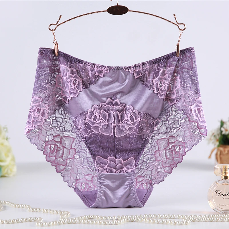 light Purple Большие размеры, Трусики с высокой талией, женское нижнее белье, сексуальное кружевное Прозрачное нижнее белье с дырочками размера плюс, атласные трусы, большие трусики для женщин, 4xl 5xl 6xl - Цвет: light Purple