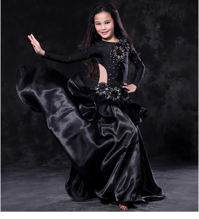 

Kids belly dance luxury clothes Girls performance belly dancing clothing long sleeves+satin skirt 2pcs child belly dance suit