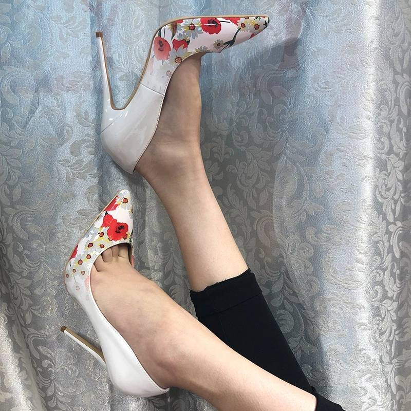 

Free shipping fashion women Pumps lady white Flower printed Pointy toe high heels shoes 12cm 10cm 8cm big size 43 party heels