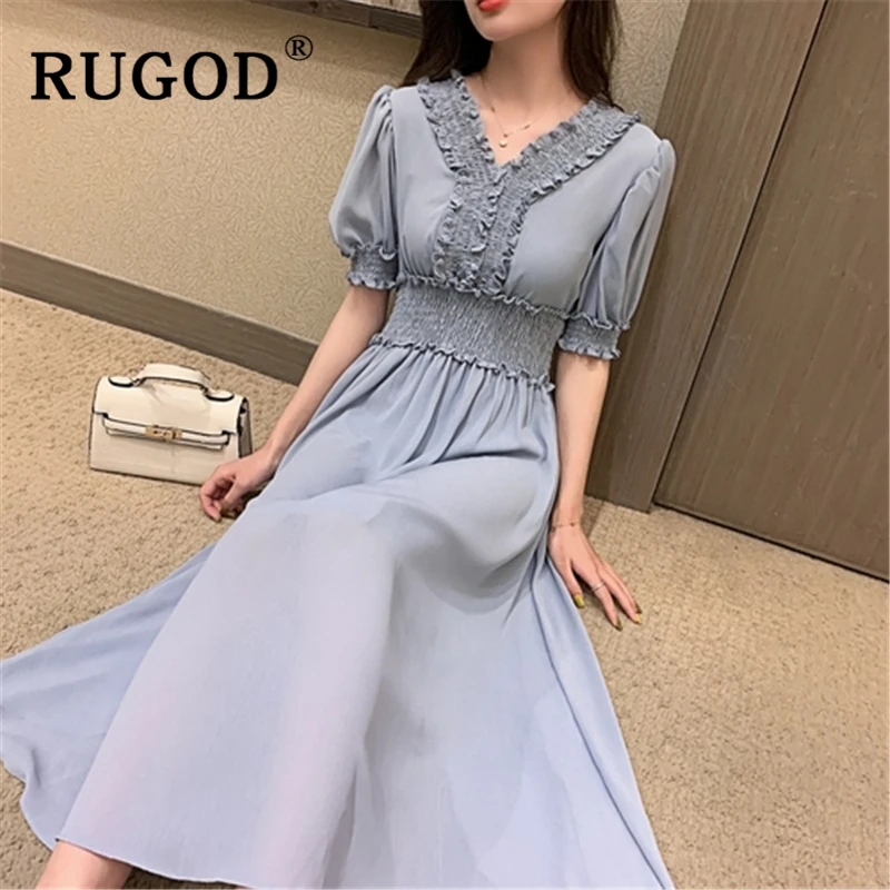 

RUGOD Elegant chiffon Summer dress women Fashion lantern sleeve long dress female Vintage elastic hight waist office lady dress