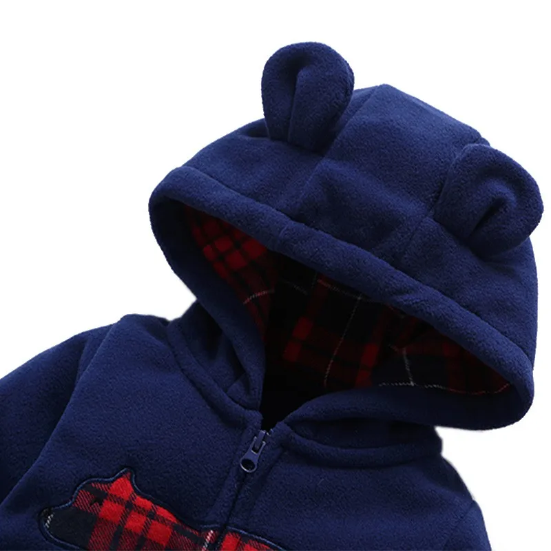 

Autumn Winter Infant Baby Boys Girls Fleece Hooded Romper Lovely Cartoon Bear Printed Solid Color Ear Design Comfortable Romper